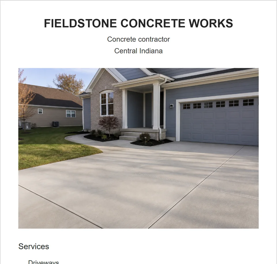 Excerpt from the fictional Fieldstone Concrete Works basic online presence.