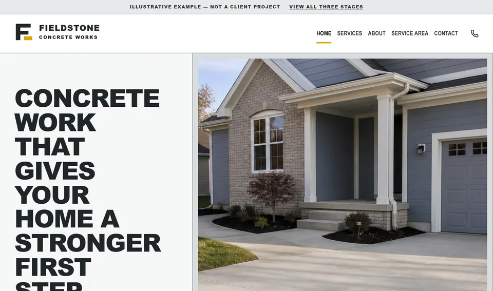 Opening view of the finished fictional Fieldstone Concrete Works website.