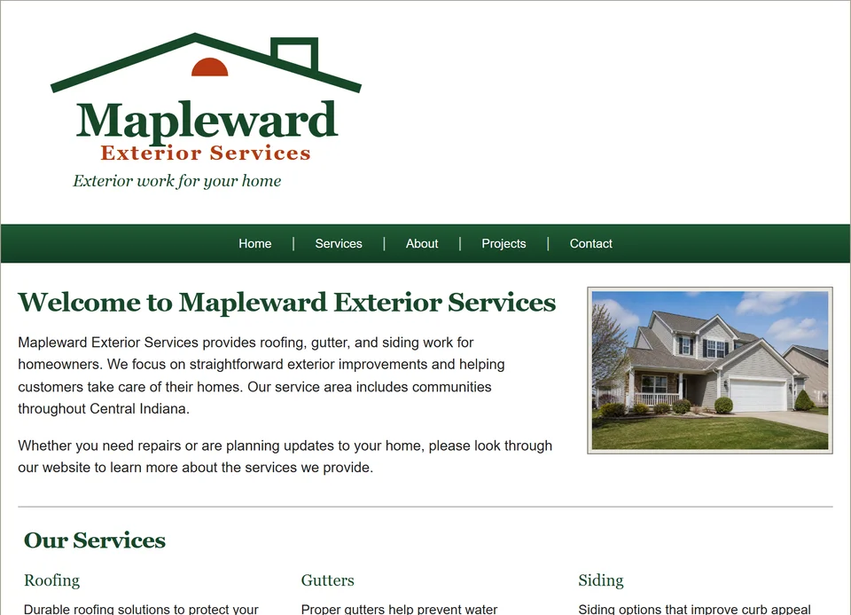Opening view of the fictional Mapleward Exterior Services website before its refresh.