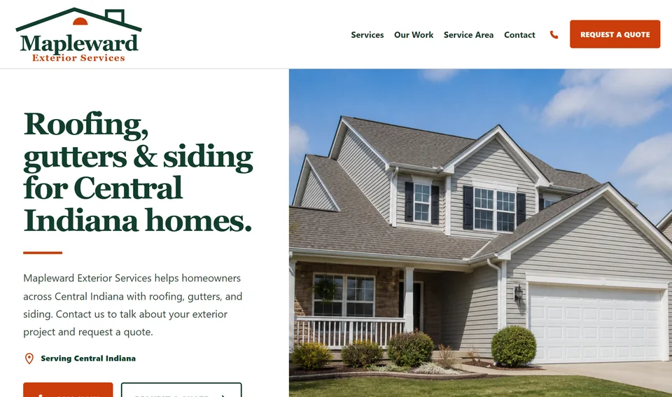 Opening view of the same fictional Mapleward Exterior Services website after its refresh.